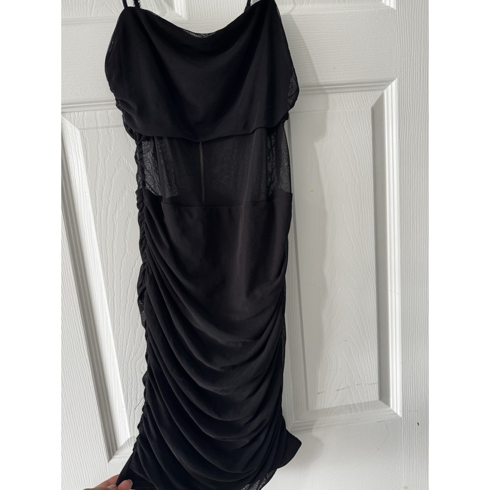 M.N.I Los Angeles Black Ruched Mesh Bodycon Midi Cowl Neck Zip Dress M M10184